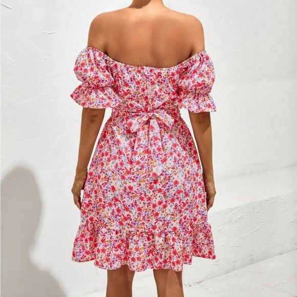 SHEIN Pink Red Floral Off-Shoulder Puff Sleeve Mini Sundress Women’s Size Small - Picture 2 of 10